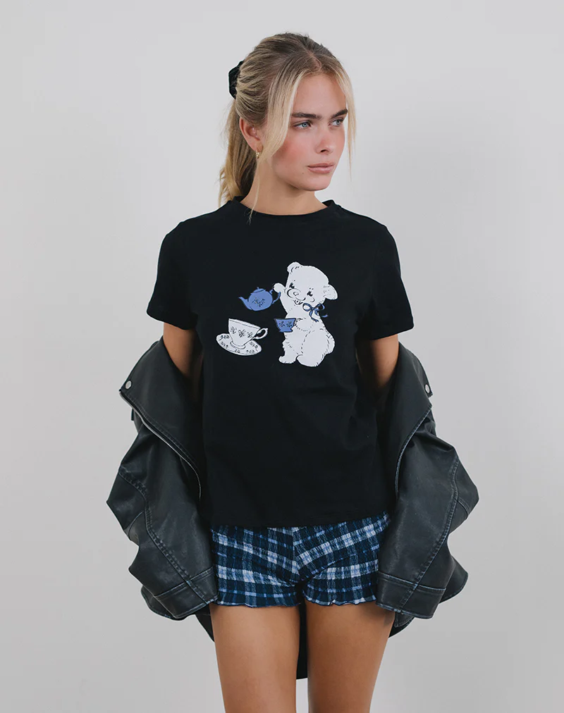 Saki Tee in Black With Tea Time Print - Awmao