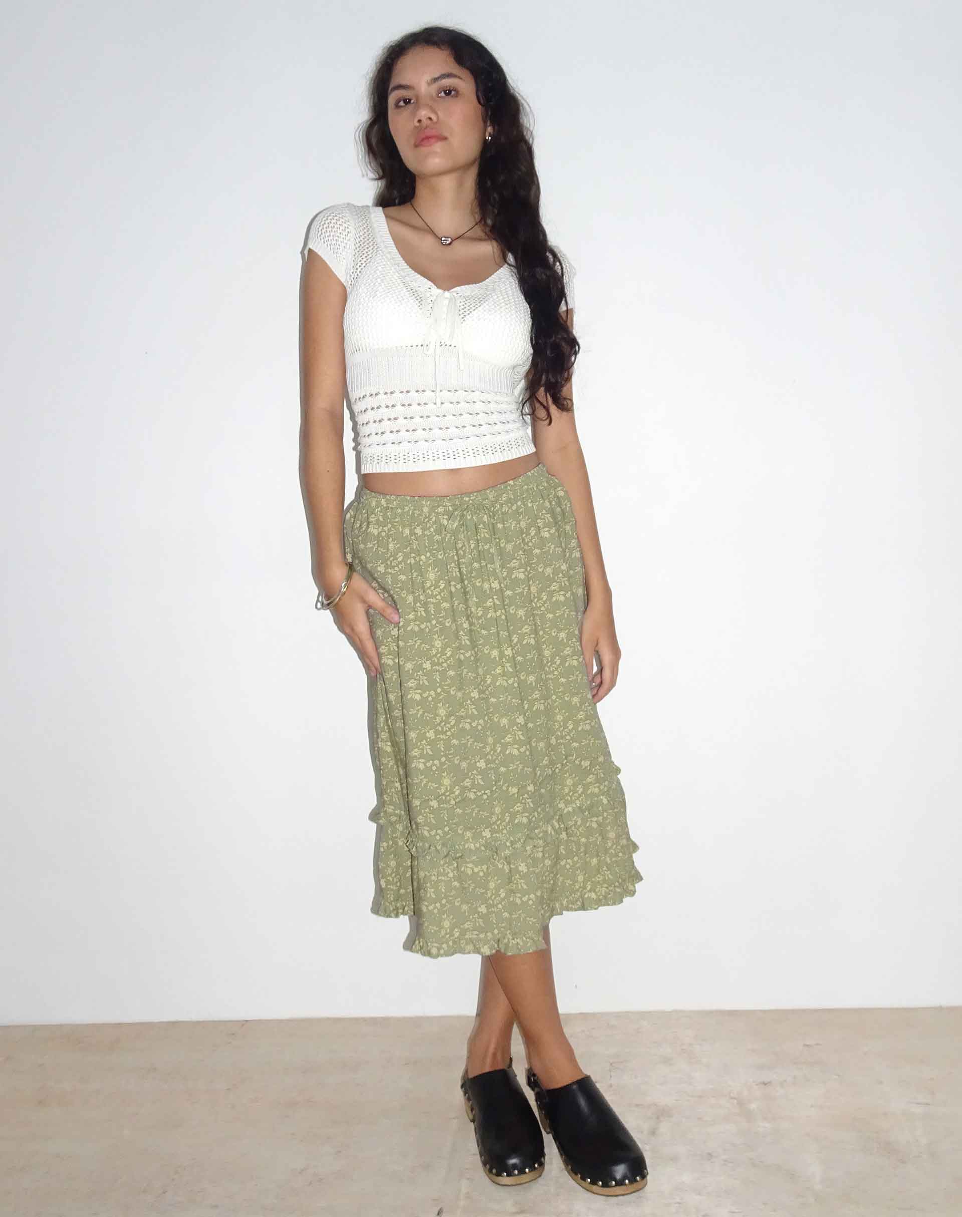 Wala Midi Skirt in Ditsy Floral Green - Awmao