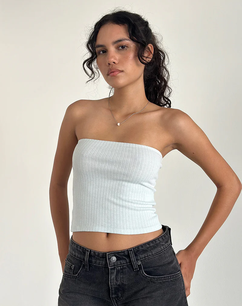 Peggy Bandeau Top in Pointelle Soft Blue - Awmao