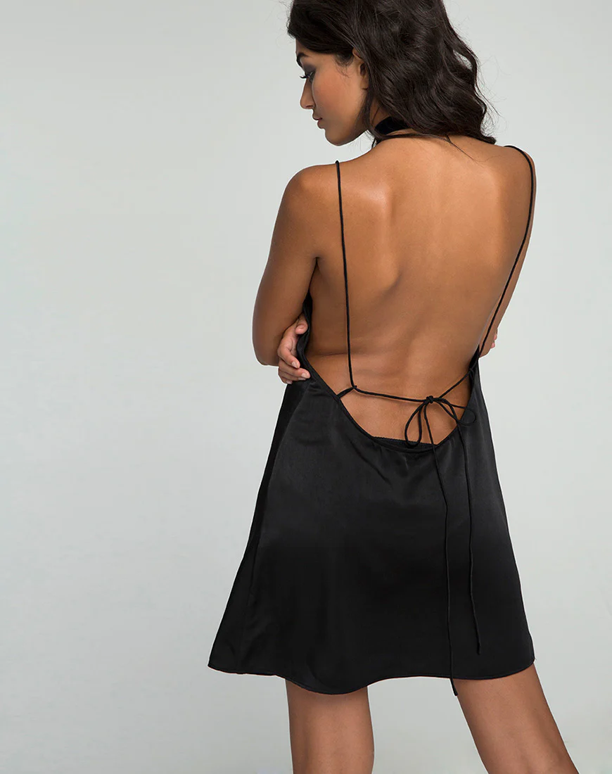 Lucille Slip Dress in Satin Black - Awmao