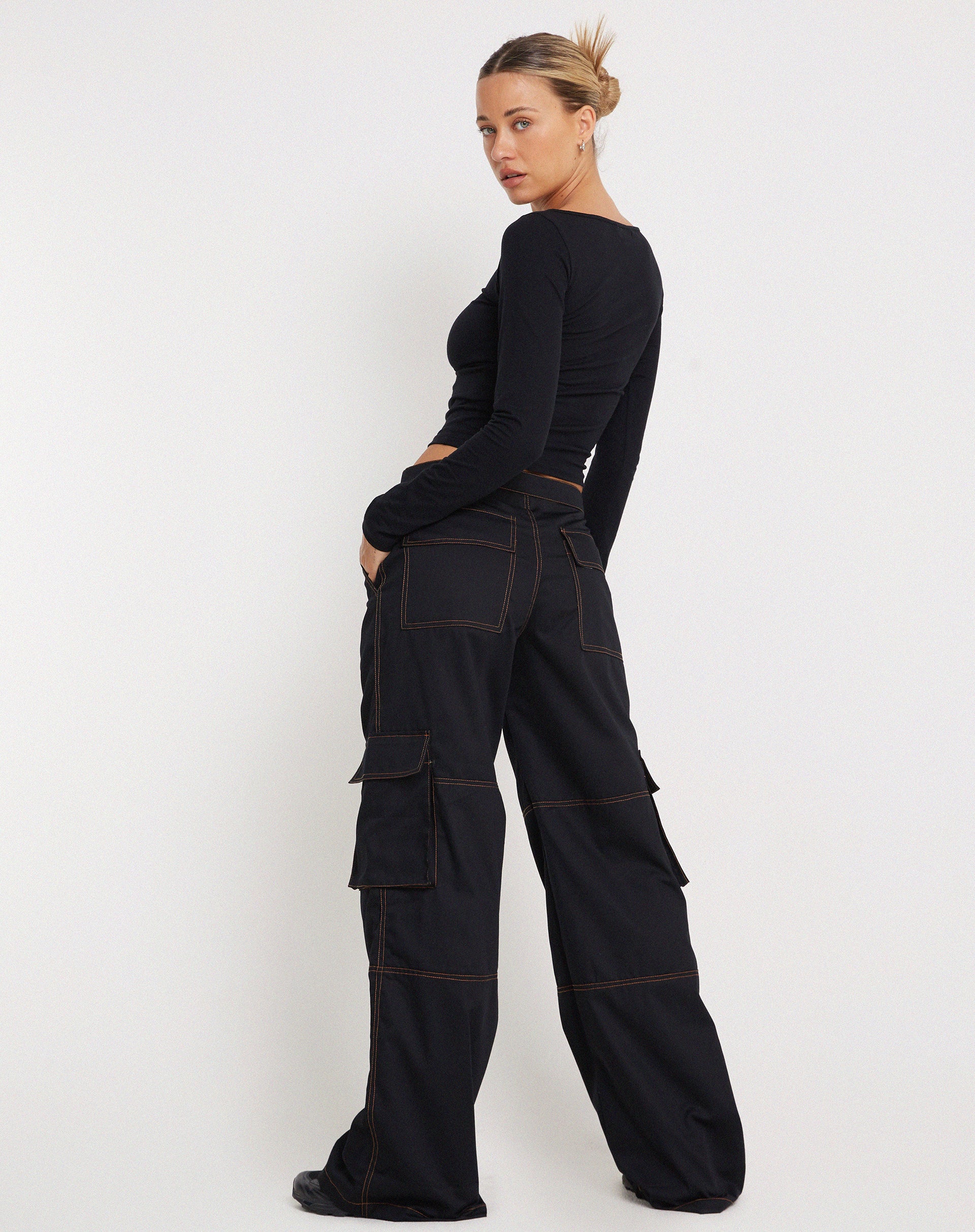 Saul Wide Leg Cargo Trouser in Black with Orange Stitching - Awmao