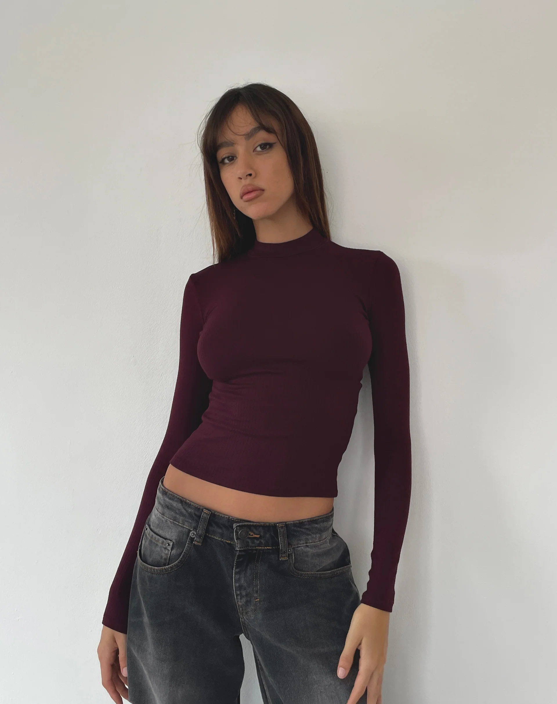 Mabel High-Neck Long Sleeve Ribbed Top in Oxblood - Awmao