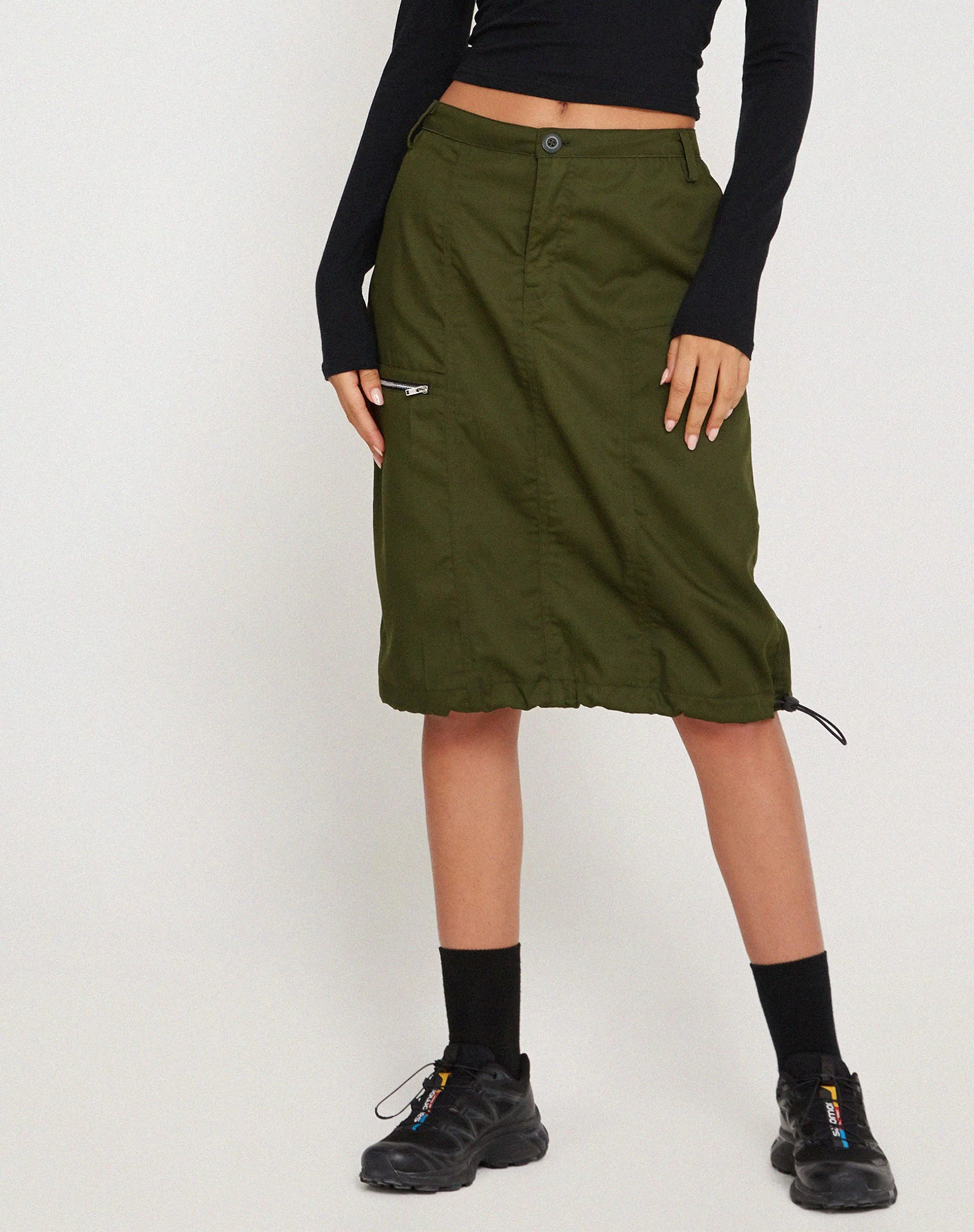 Shreya Cargo Midi Skirt in Forest Green - Awmao