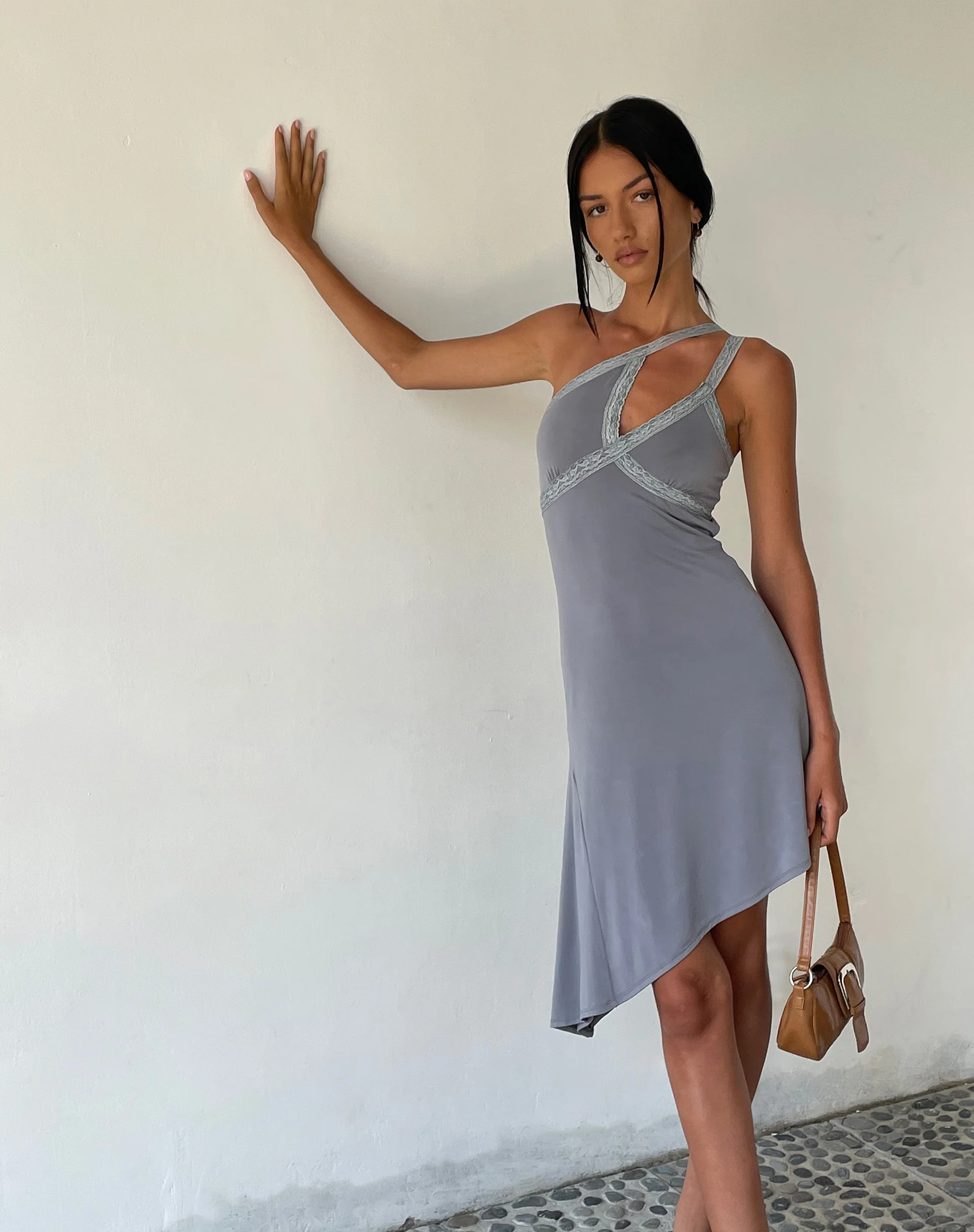 MOTEL X JACQUIE Chrissy Asymmetric Mini Dress in Slinky Grey - Awmao