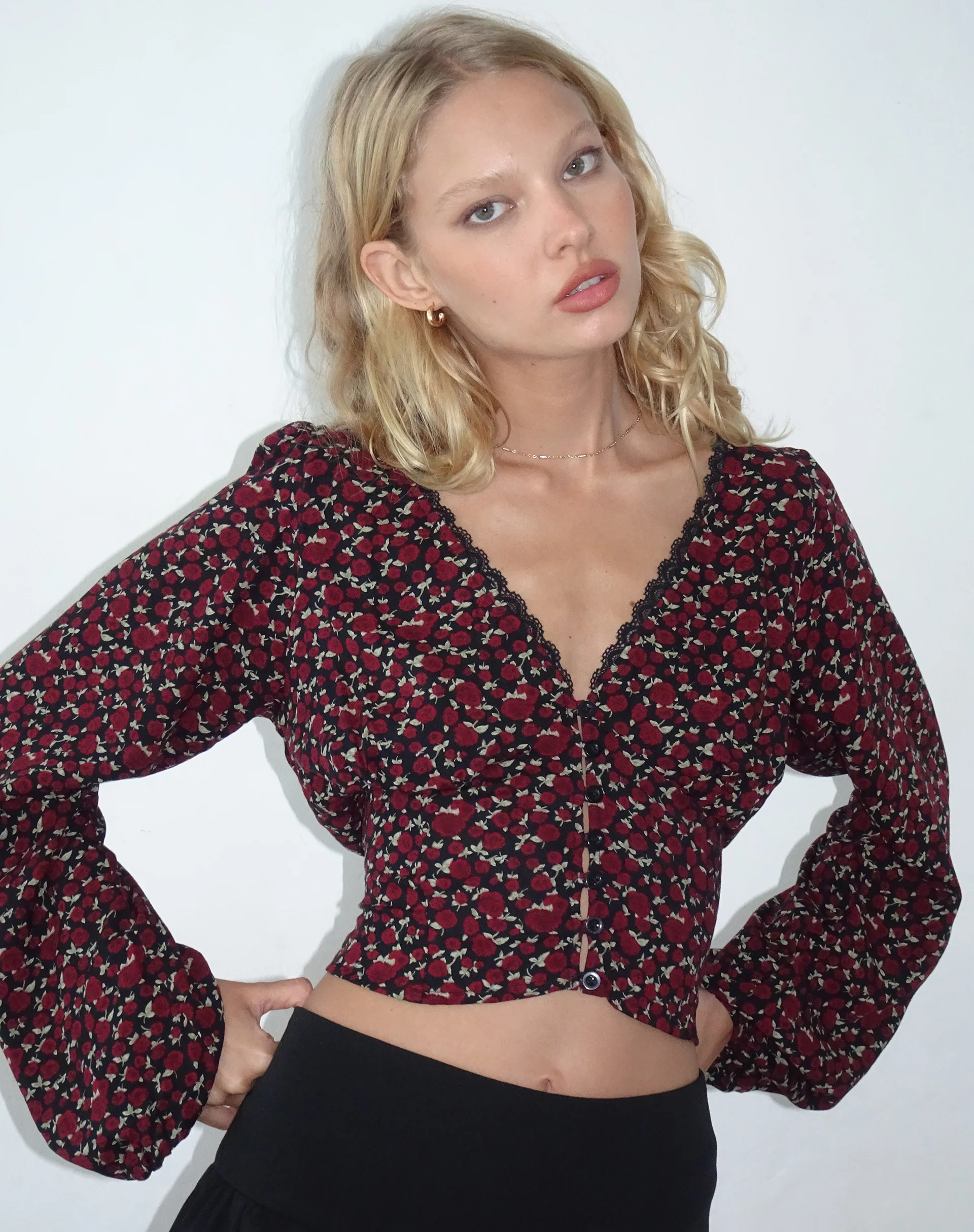 Rosani Long Sleeve Top in Dark Rhoslyn Ditsy Print - Awmao