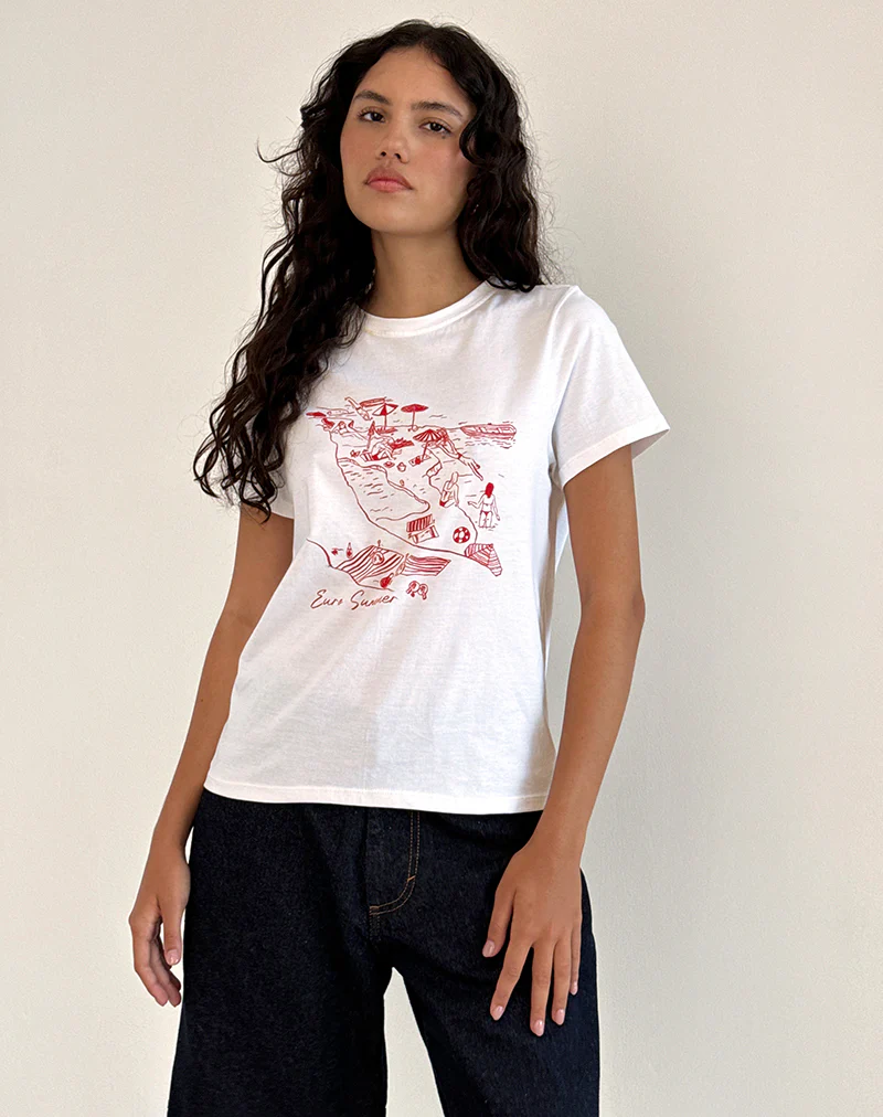 Saki Tee in White with Royal Red Euro Summer - Awmao
