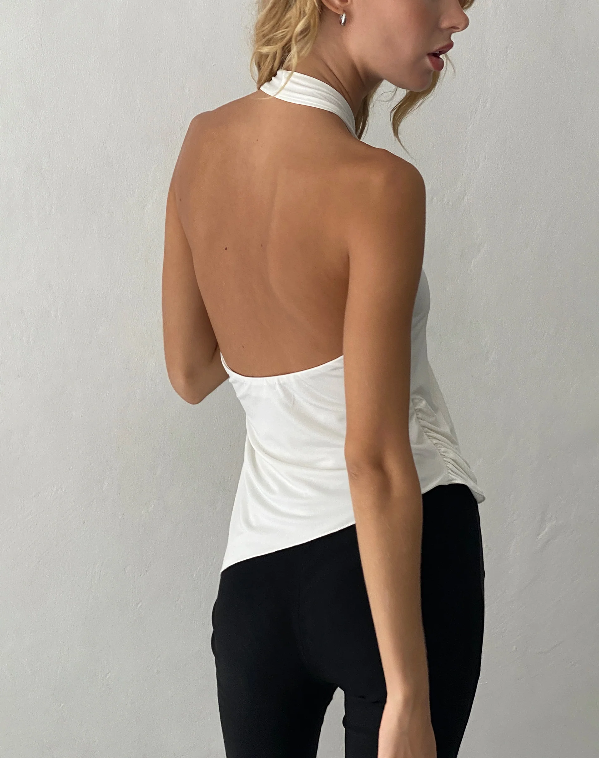 Farah Halter Asymmetric Plunge Top in Ivory - Awmao
