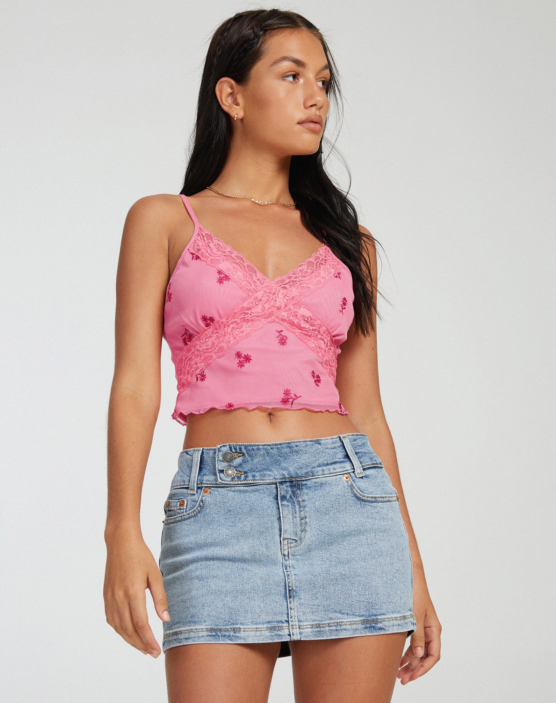 Yecaca Crop Top in Pink Ditsy Daisy Embro - Awmao