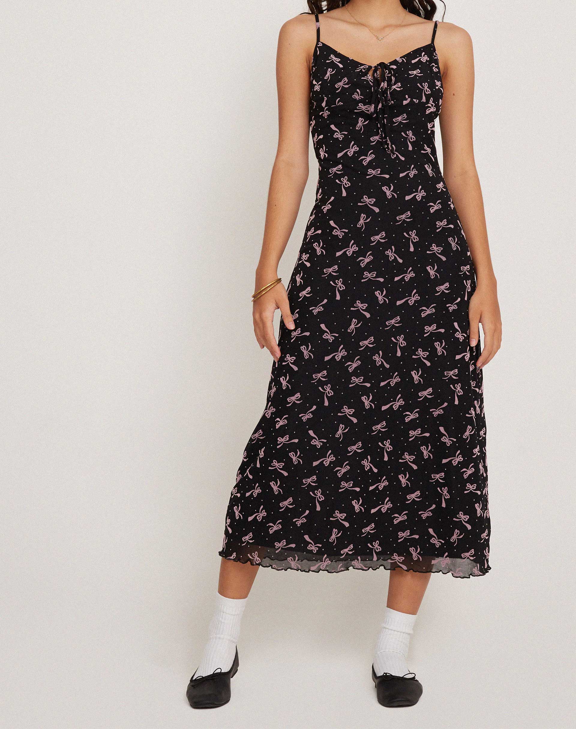 Coya Midi Dress in Mesh Ditsy Ribbon Dusty Pink Flock - Awmao