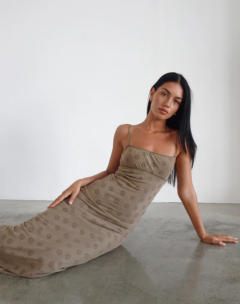 Darsih Maxi Dress in Daisy Flock Light Brown - Awmao