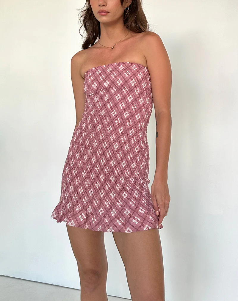 Takiyo Bandeau Mini Dress in Pink Tartan - Awmao