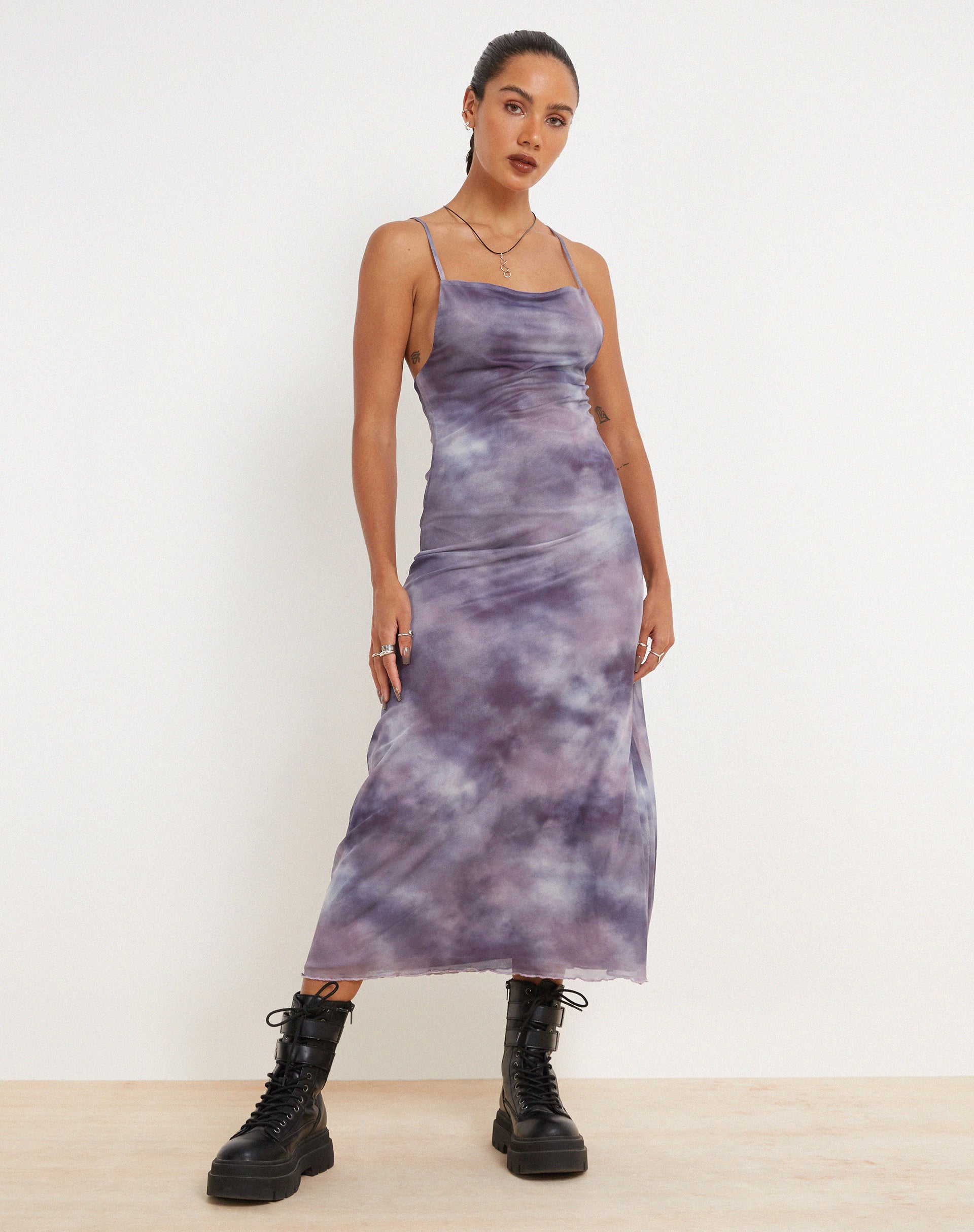 Norishi Printed Mesh Midi Dress in Smokey Gradients Purple - Awmao