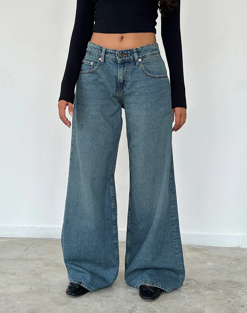 Roomy Oversized Low Rise Jeans in Vintage Blue Green - Awmao