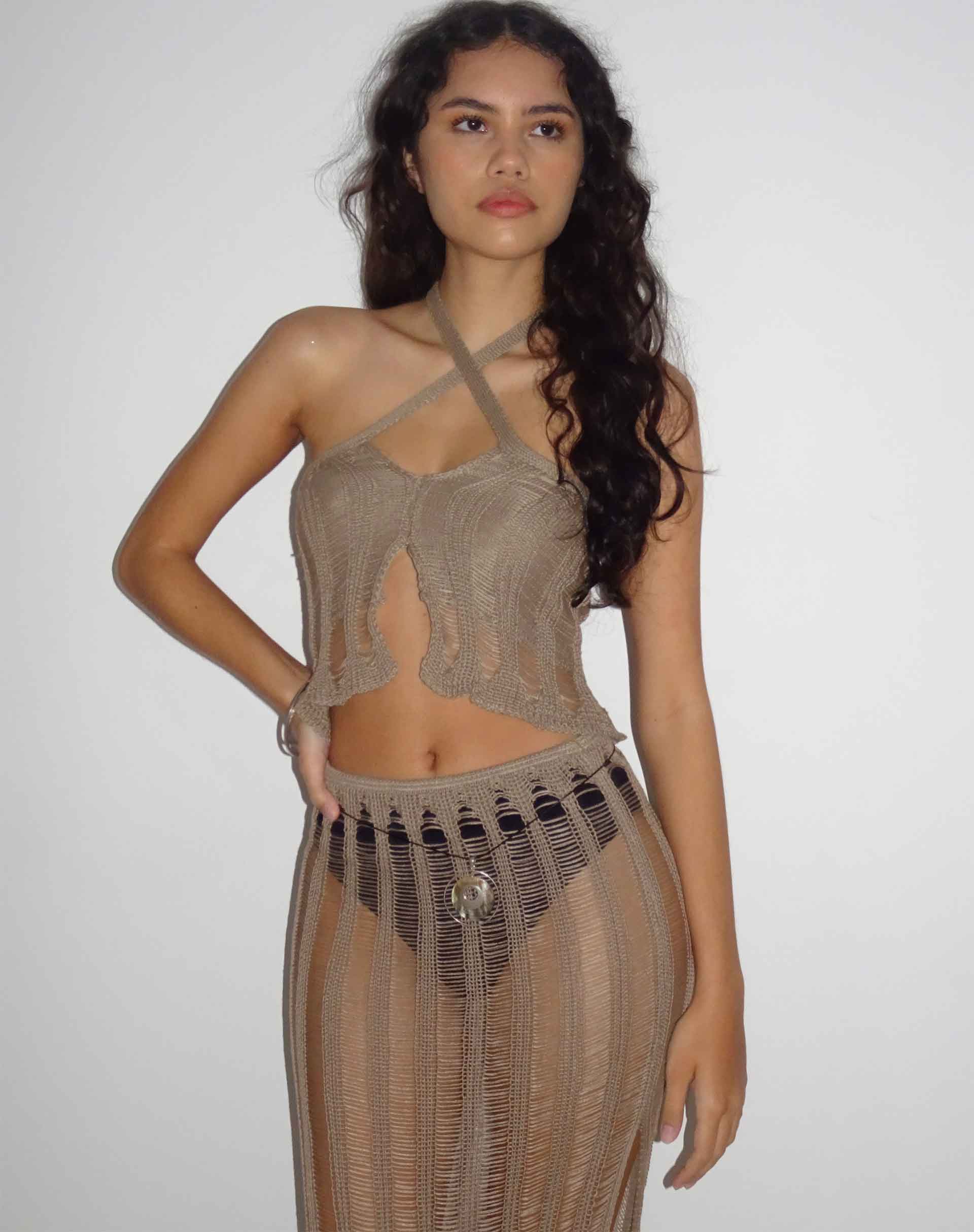 Phoebe Halterneck Knitted Top in Desert Taupe - Awmao