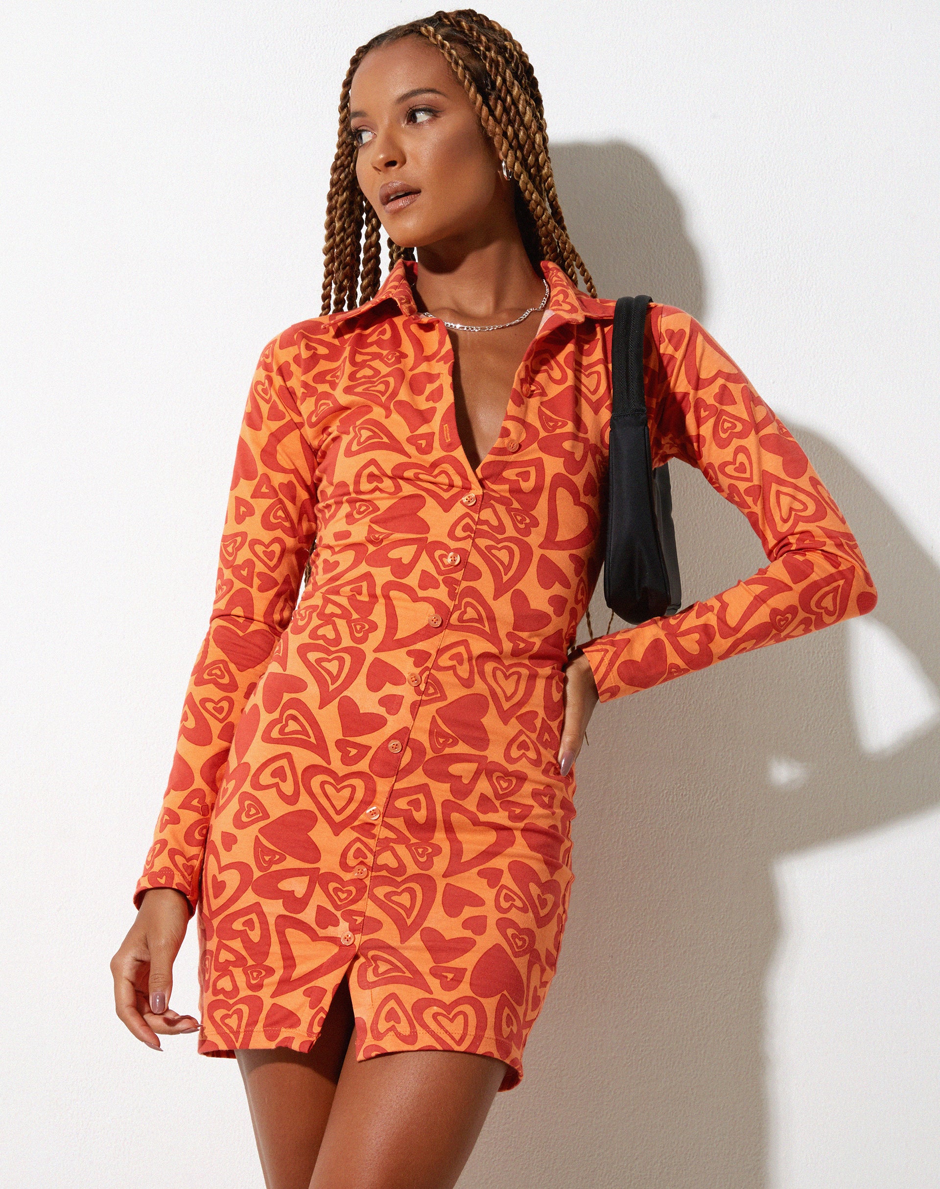 Avaya Button Up Mini Dress in Retro Heart Orange - Awmao