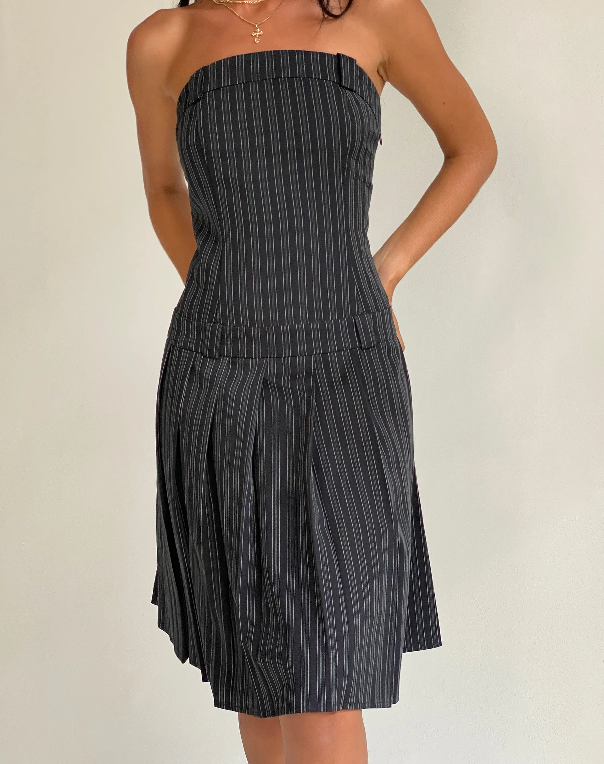 Aldari Bandeau Midi Dress in Tailoring Black Pinstripe - Awmao