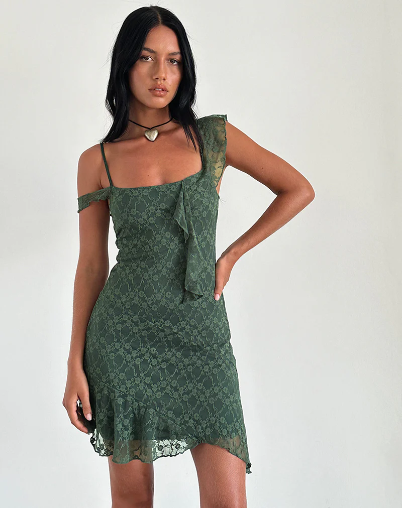 Jati Mini Dress in Sage Canina Rose Lace - Awmao