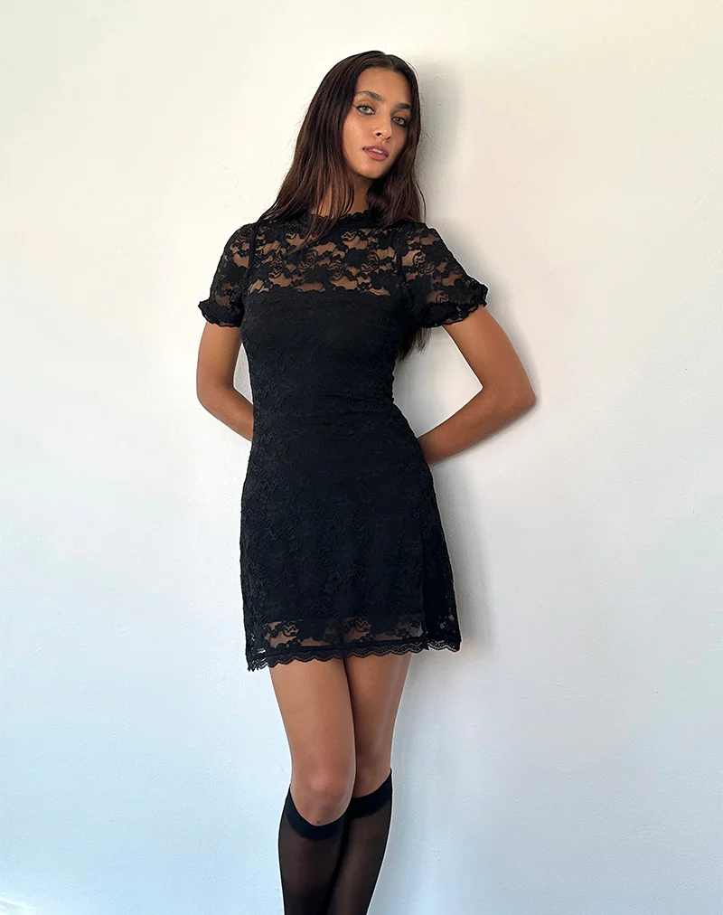 Adele Mini Tea Dress in Black Jasmine Lace - Awmao
