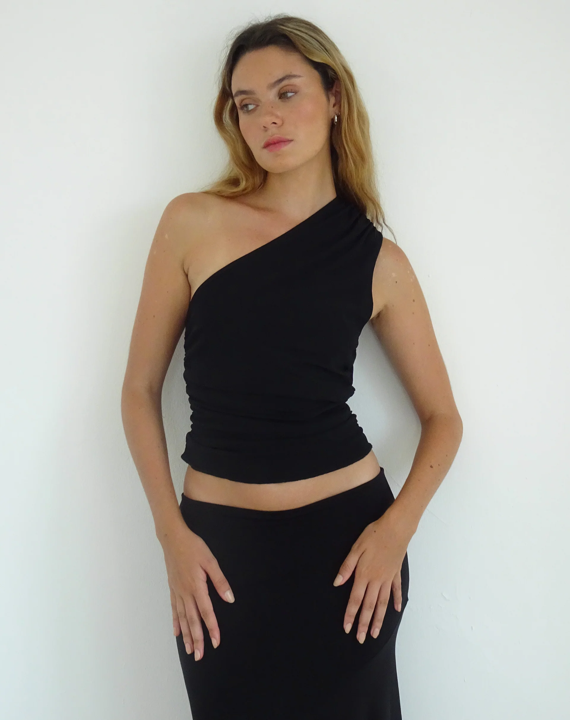 Evelina One Shoulder Top in Black Mesh - Awmao