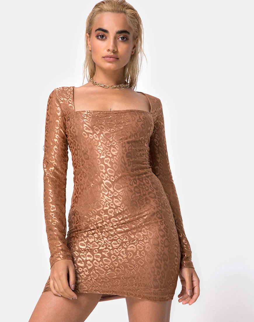 Vilan Bodycon Dress in Leopard Sheen Net Caramel - Awmao