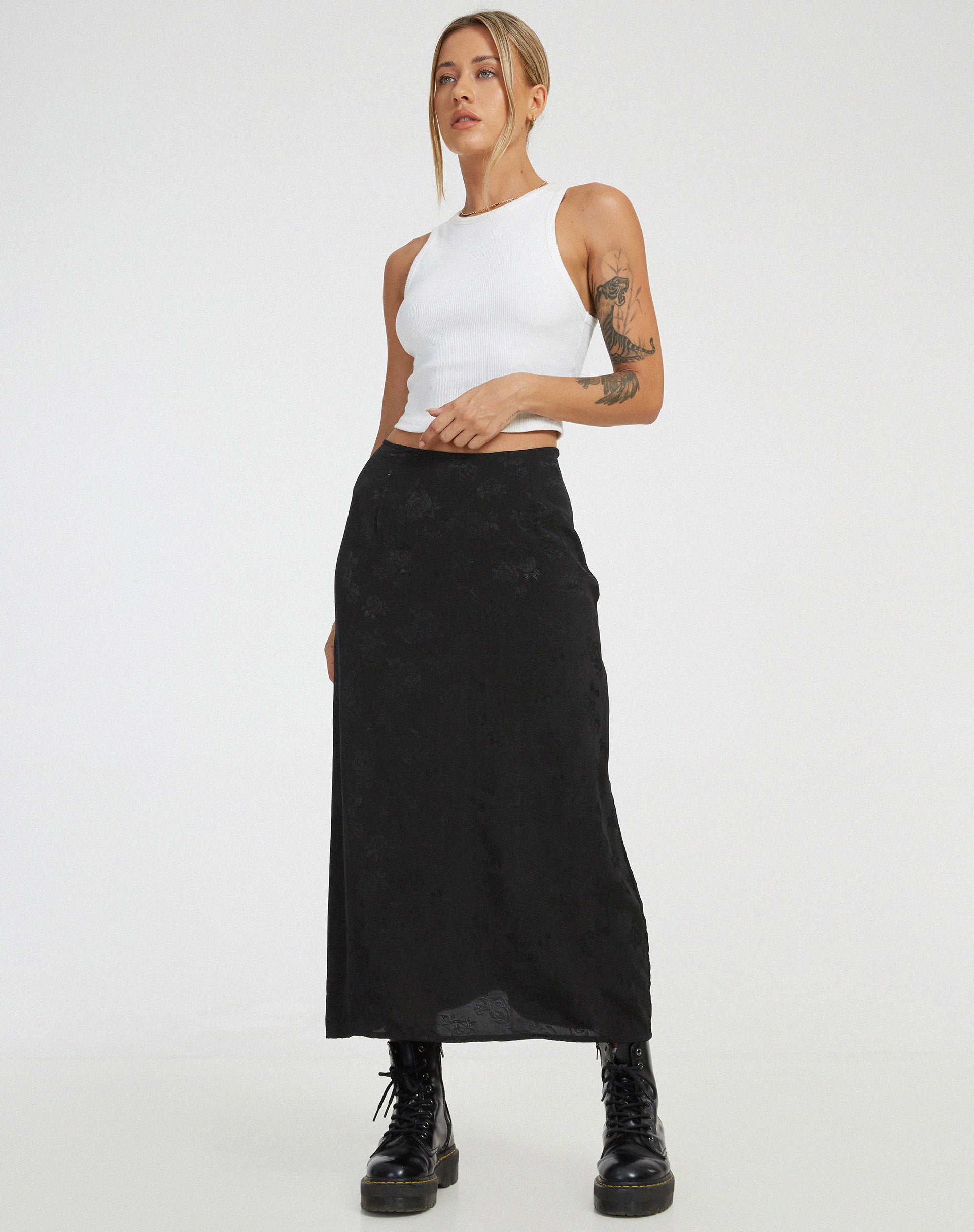Rindu Midi Skirt in Satin Rose Black - Awmao
