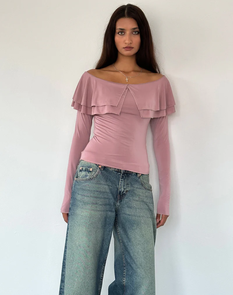 Annia Ruffle Bardot Soft Touch Top in Pink - Awmao