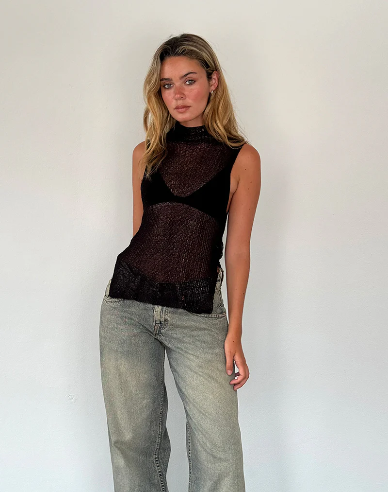 Agnes Sleeveless Sheer Knit Tank in Black - Awmao