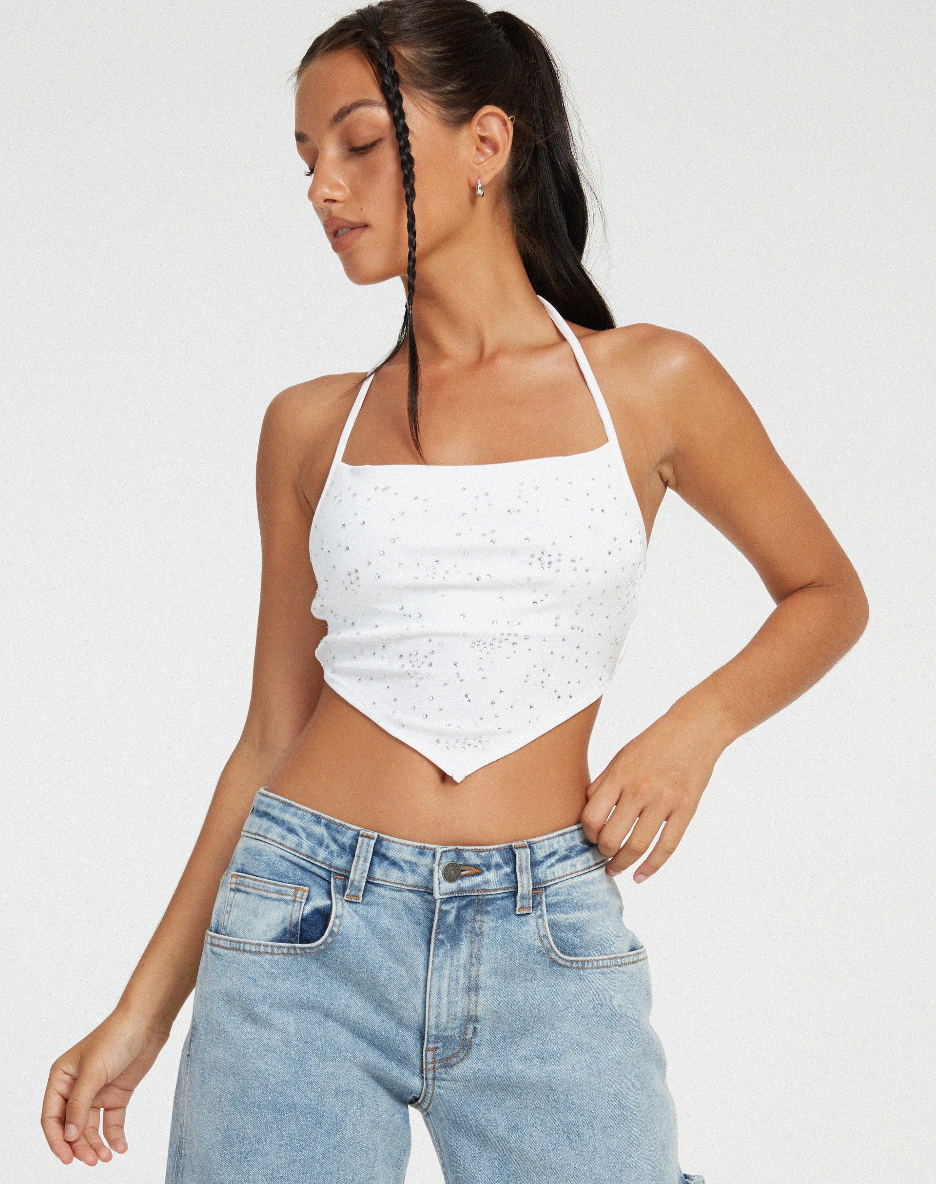 Ketida Crop Top in White Diamante - Awmao