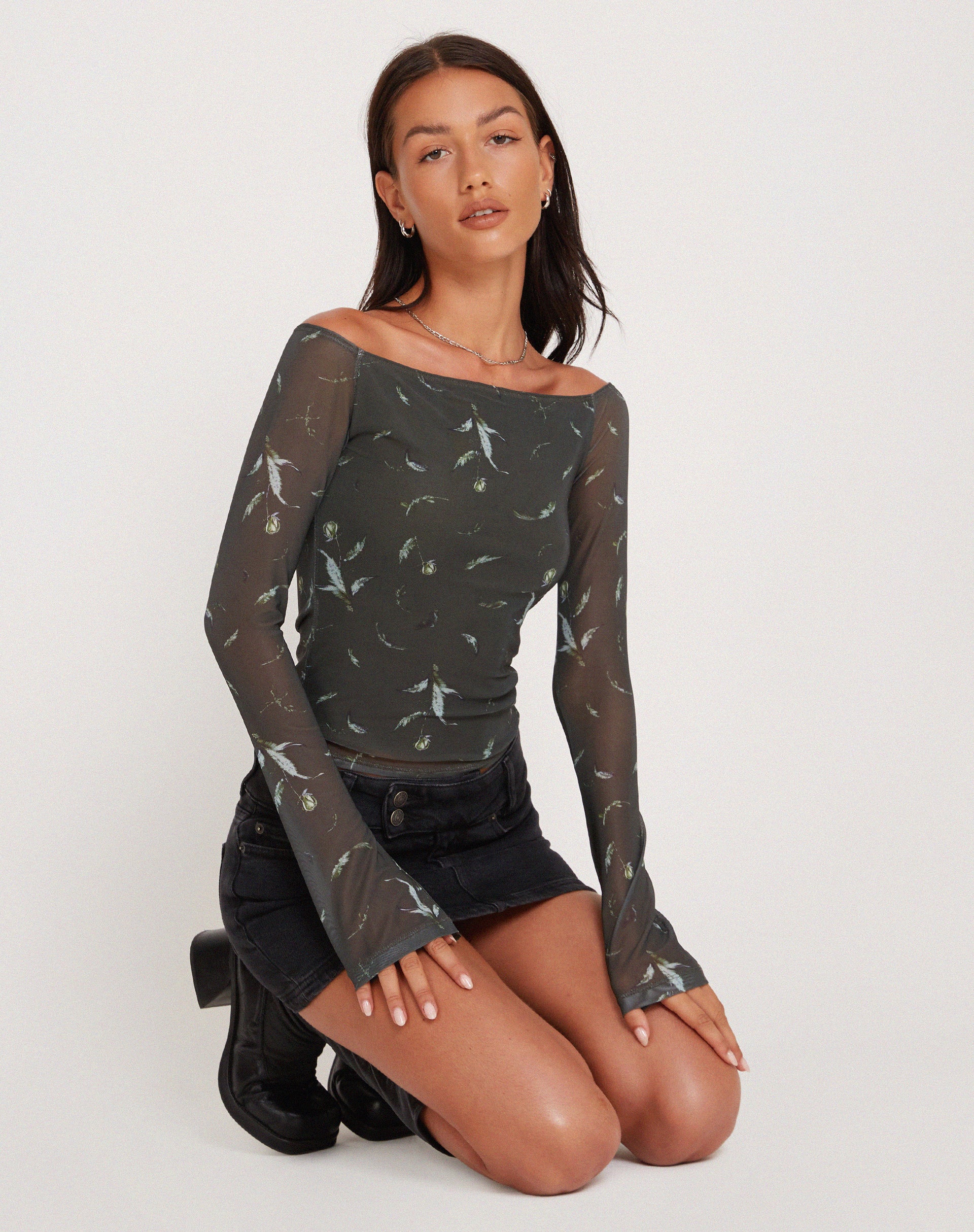 Neira Long Sleeve Mesh Bardot Top in Floral Khaki Silhouette - Awmao