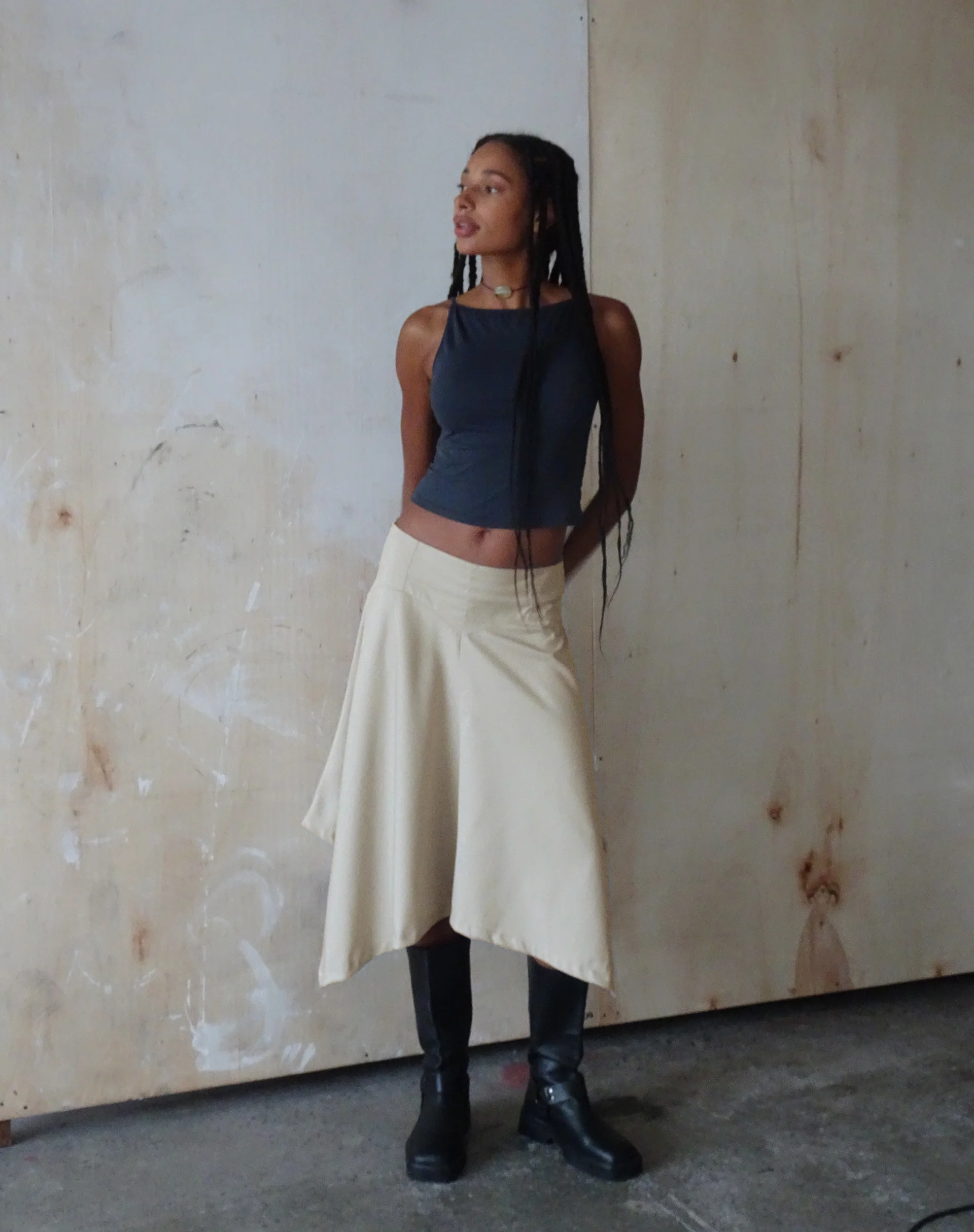 MOTEL X JACQUIE Karsyn Asymmetric Midi Skirt in Oat - Awmao