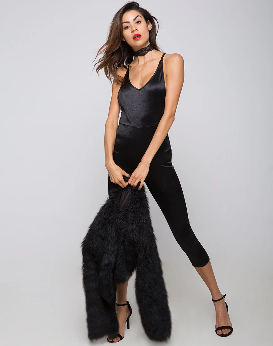 Jovana Unitard in Satin Black - Awmao