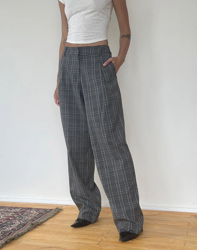 Sakaria Wide Leg Trouser in Grey Check - Awmao