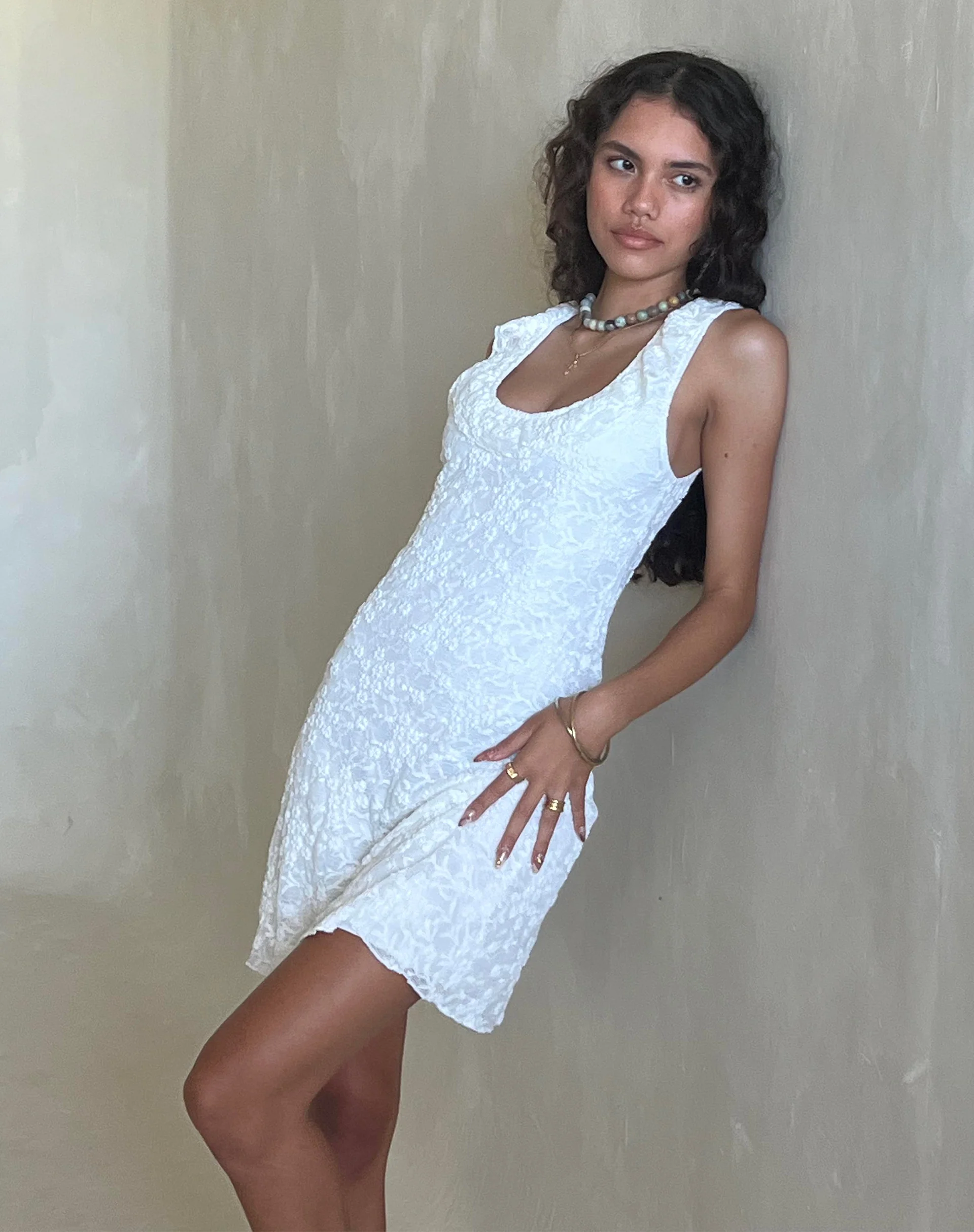 Eltami Mini Dress in Lace Ivory - Awmao