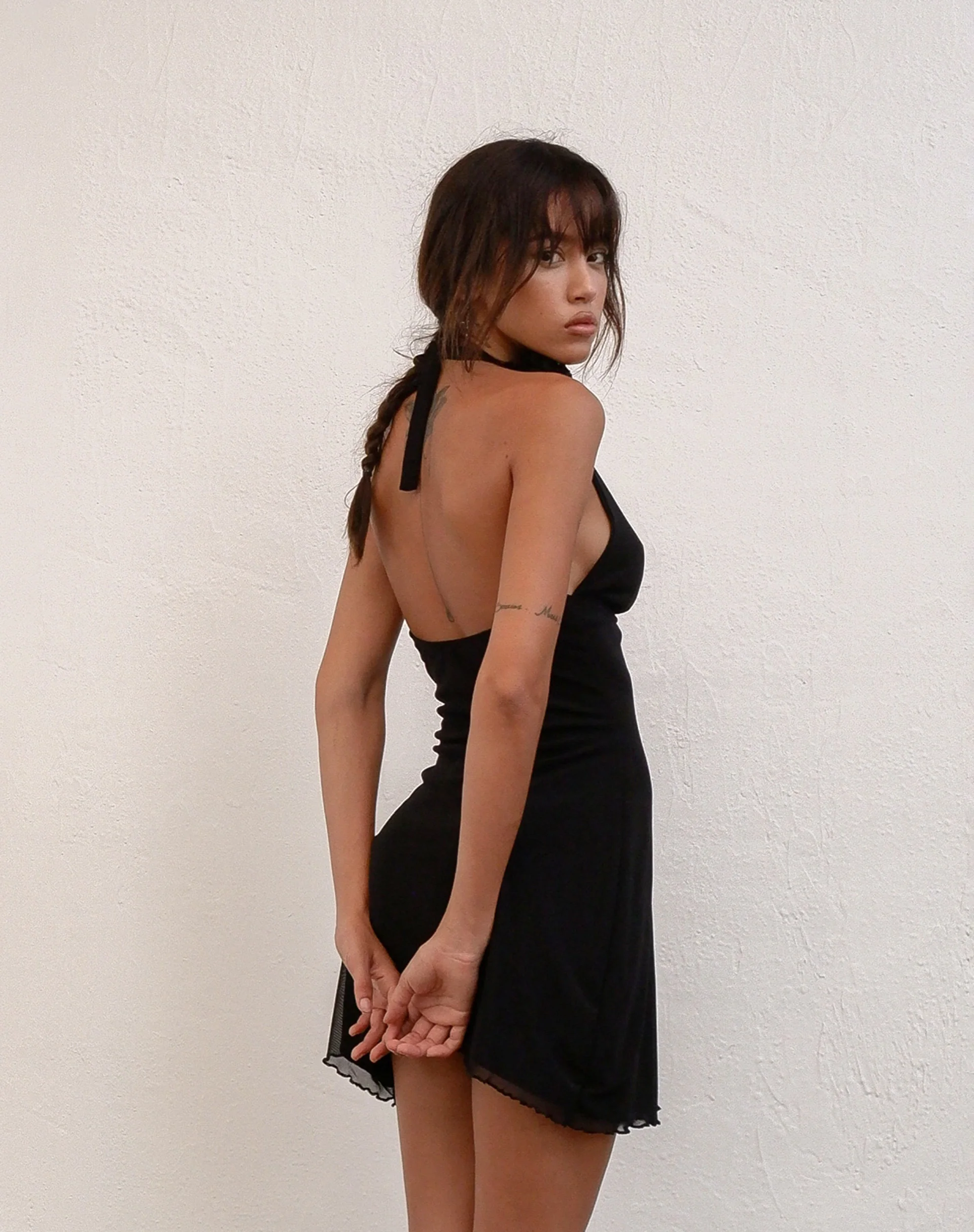Codaline Mini Dress with Rosette Detail in Black - Awmao