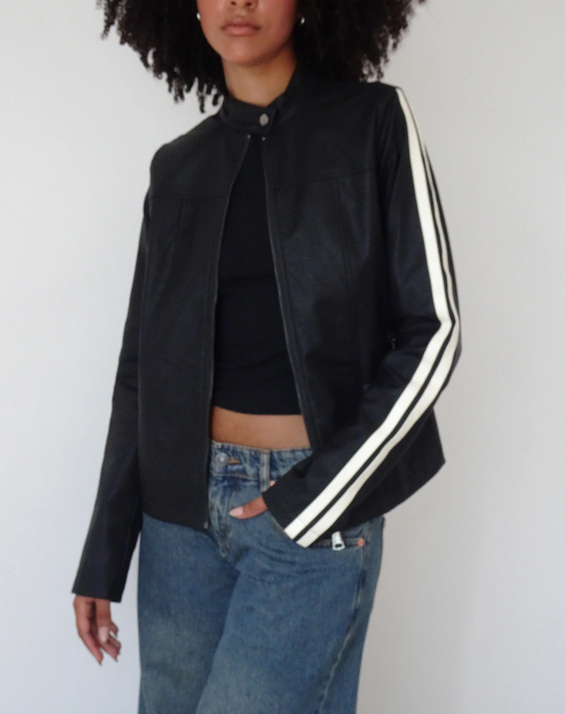 Jacquie Zip Up Biker Jacket in PU Black - Awmao