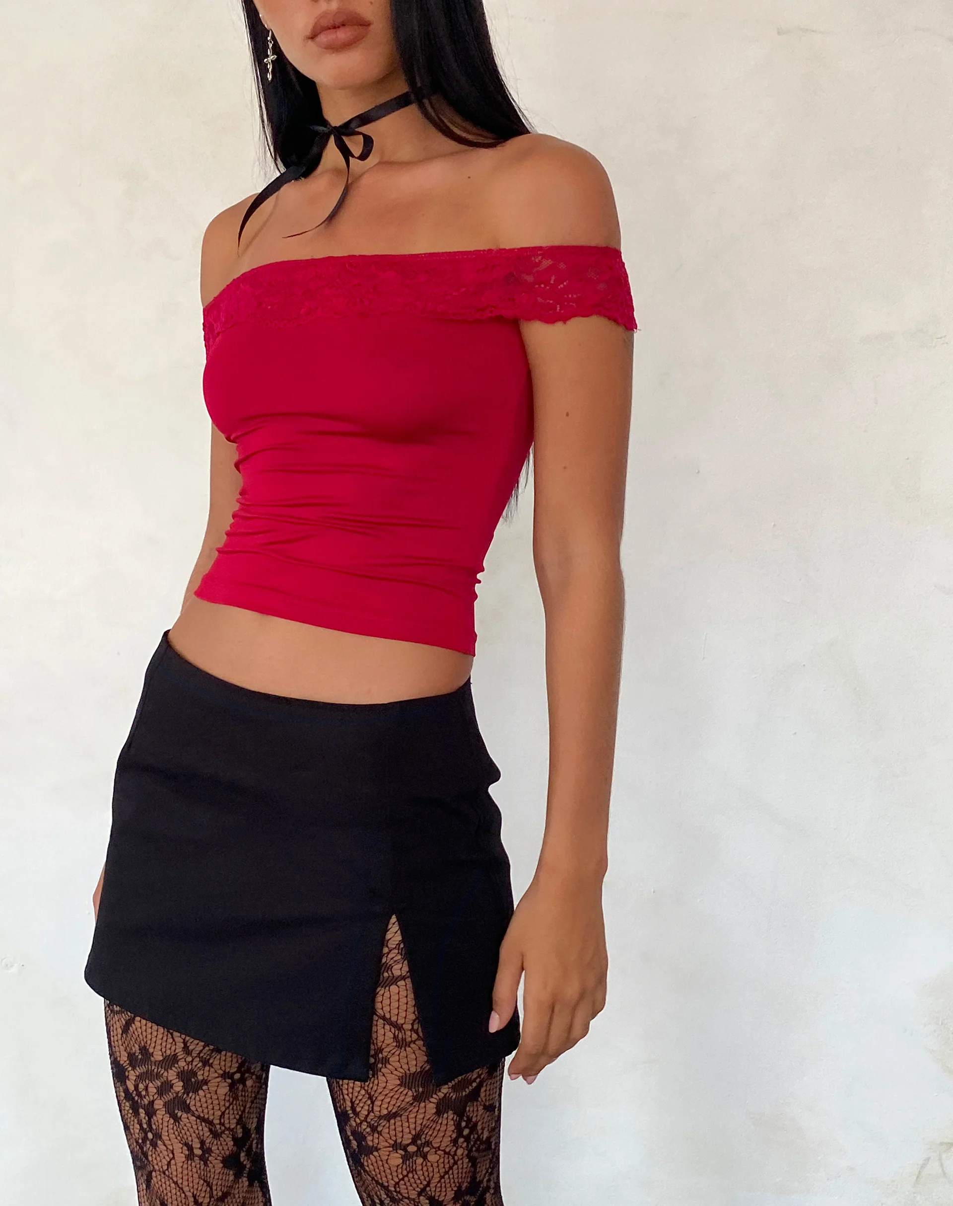 Nesel Bardot Top in Slinky Lace Red - Awmao
