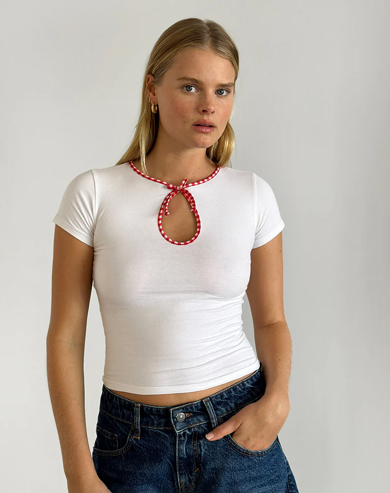 Monsel Tie Front Top in White with Red Gingham Binding - Awmao