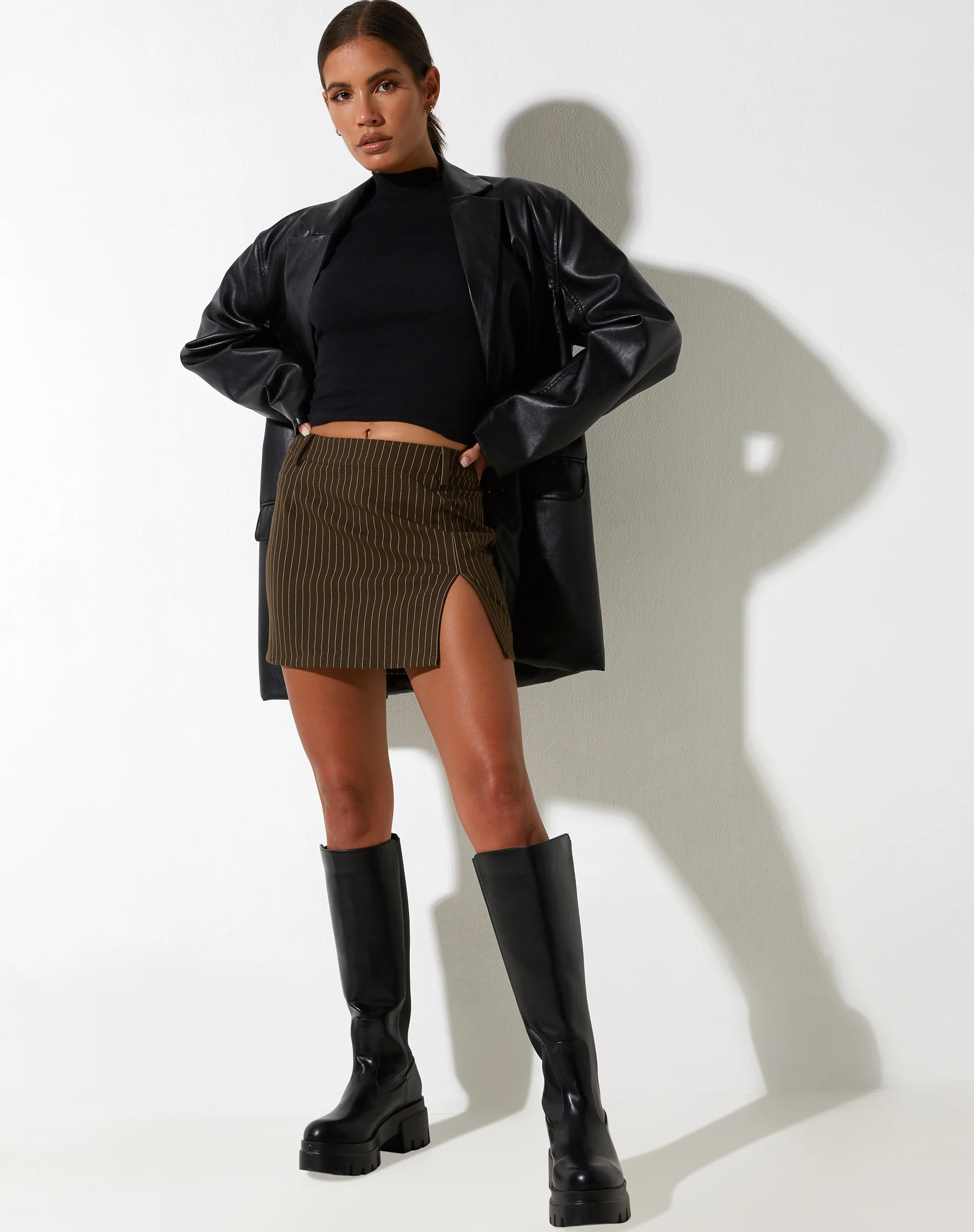Pita Mini Skirt in Pinstripe Brown - Awmao