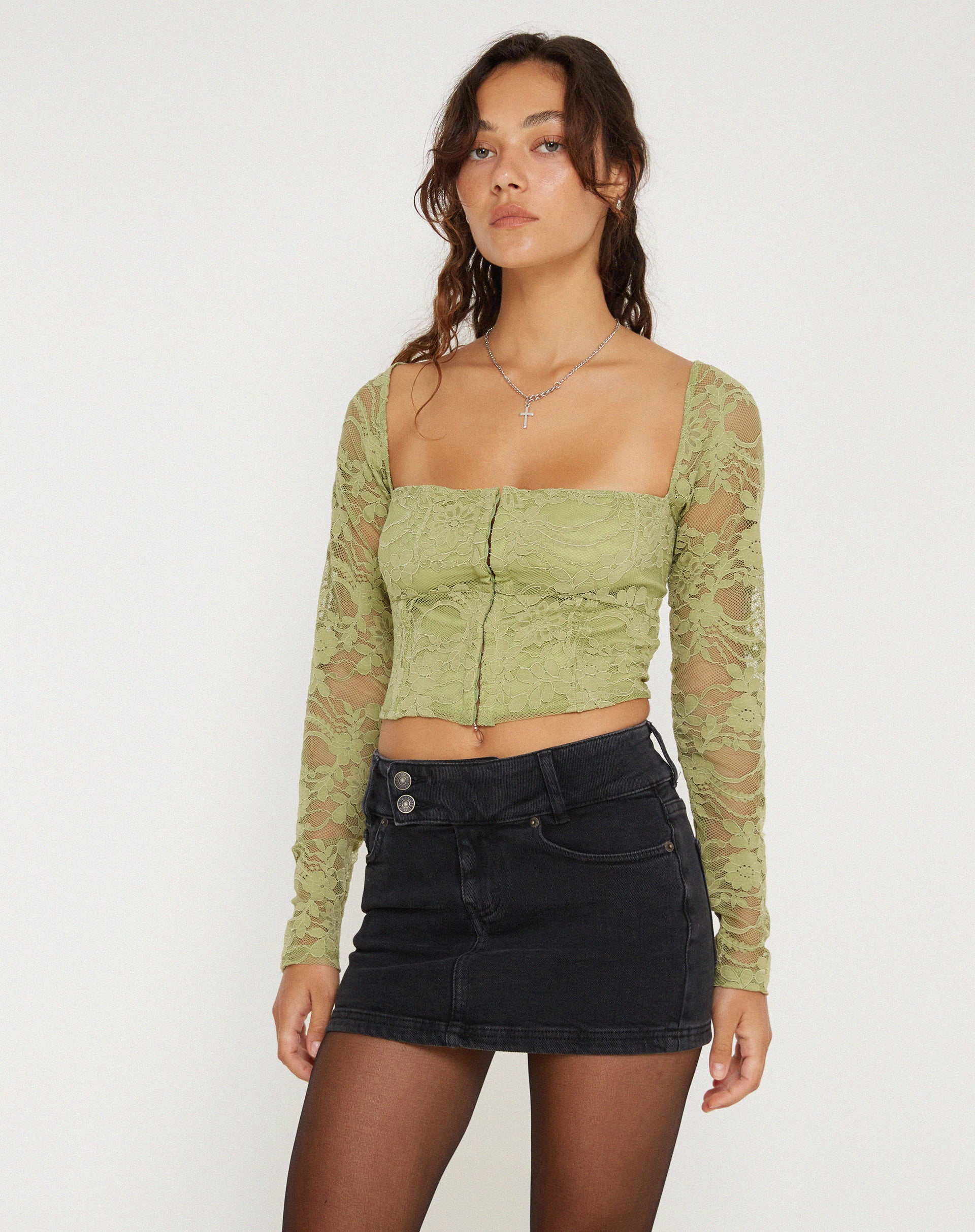 Khafila Long Sleeve Corset Top in Lace Green - Awmao
