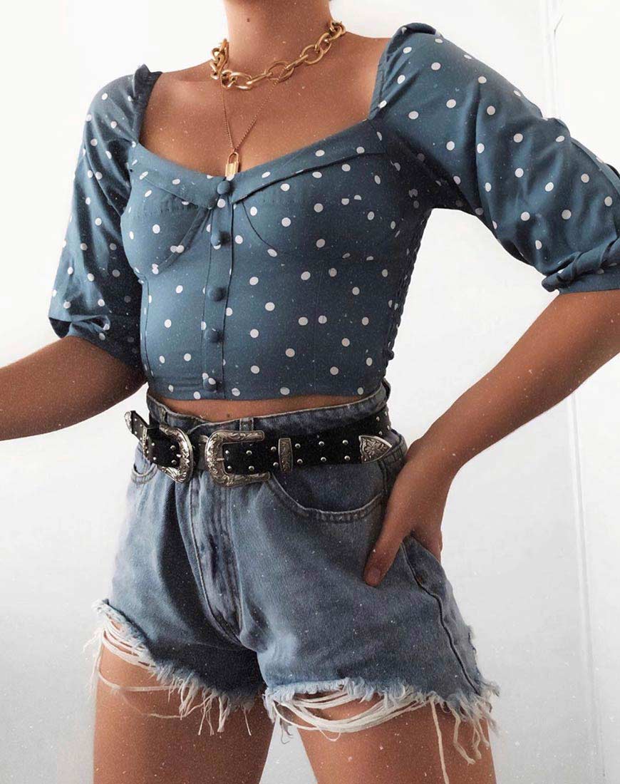 Flory Crop Top in Skater Polka Blue - Awmao
