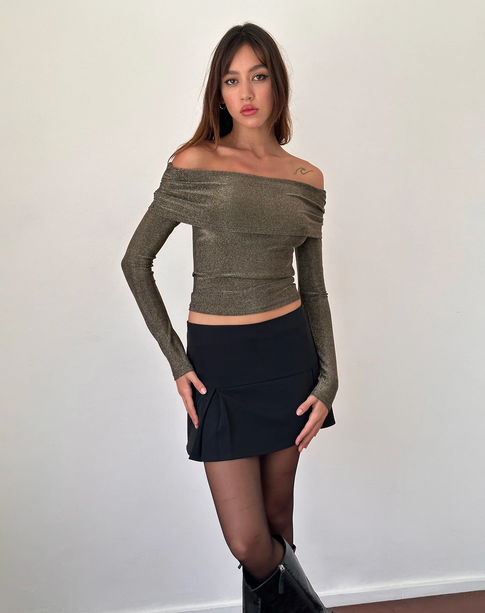 Andi Long Sleeve Bardot Top in Gold Lurex - Awmao