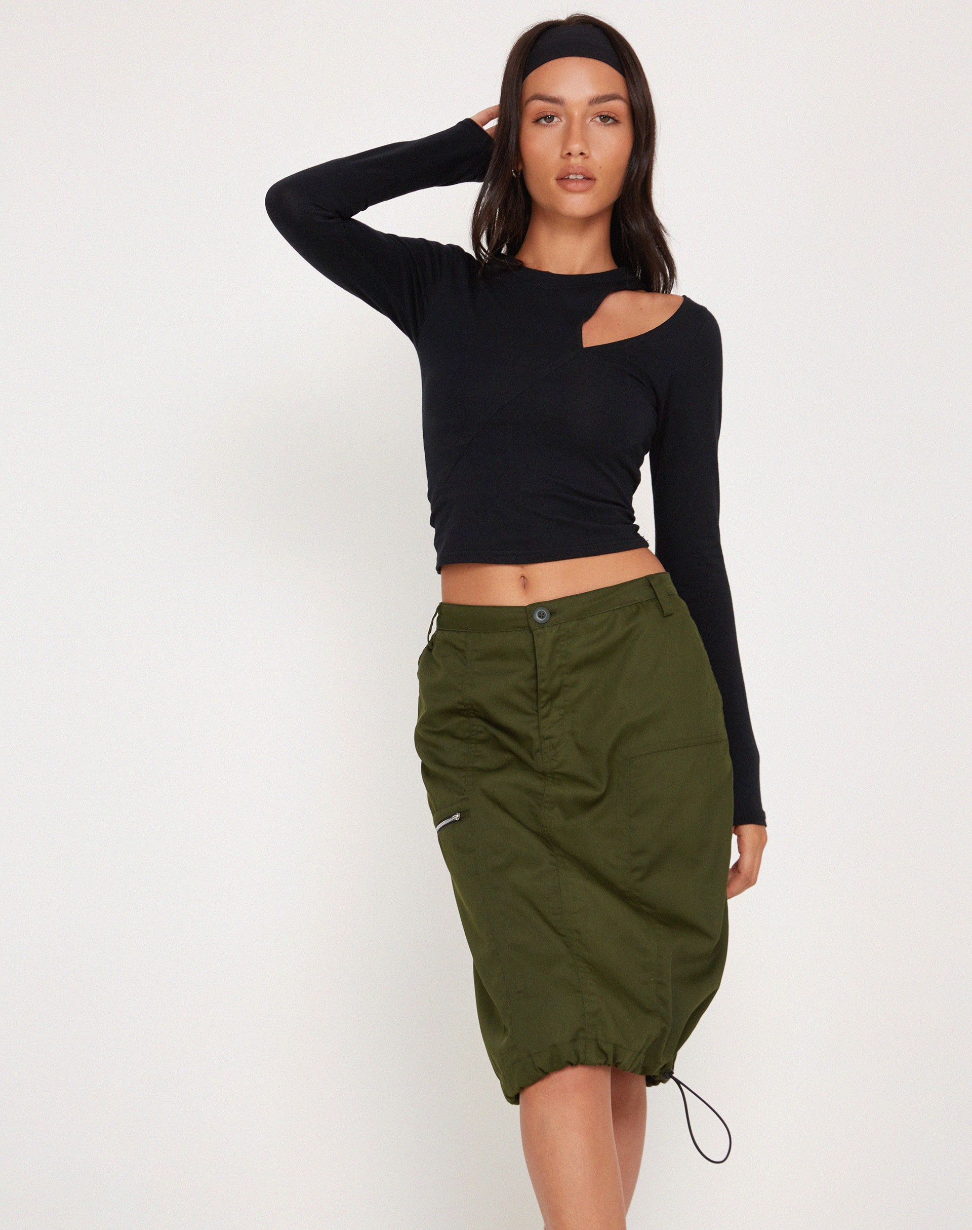 Shreya Cargo Midi Skirt in Forest Green - Awmao