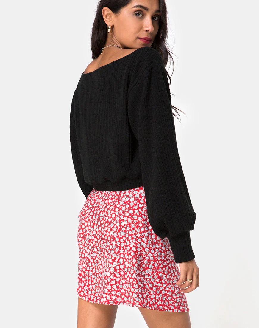 Kheb A-line Skirt in Ditsy Rose Red and Silver - Awmao