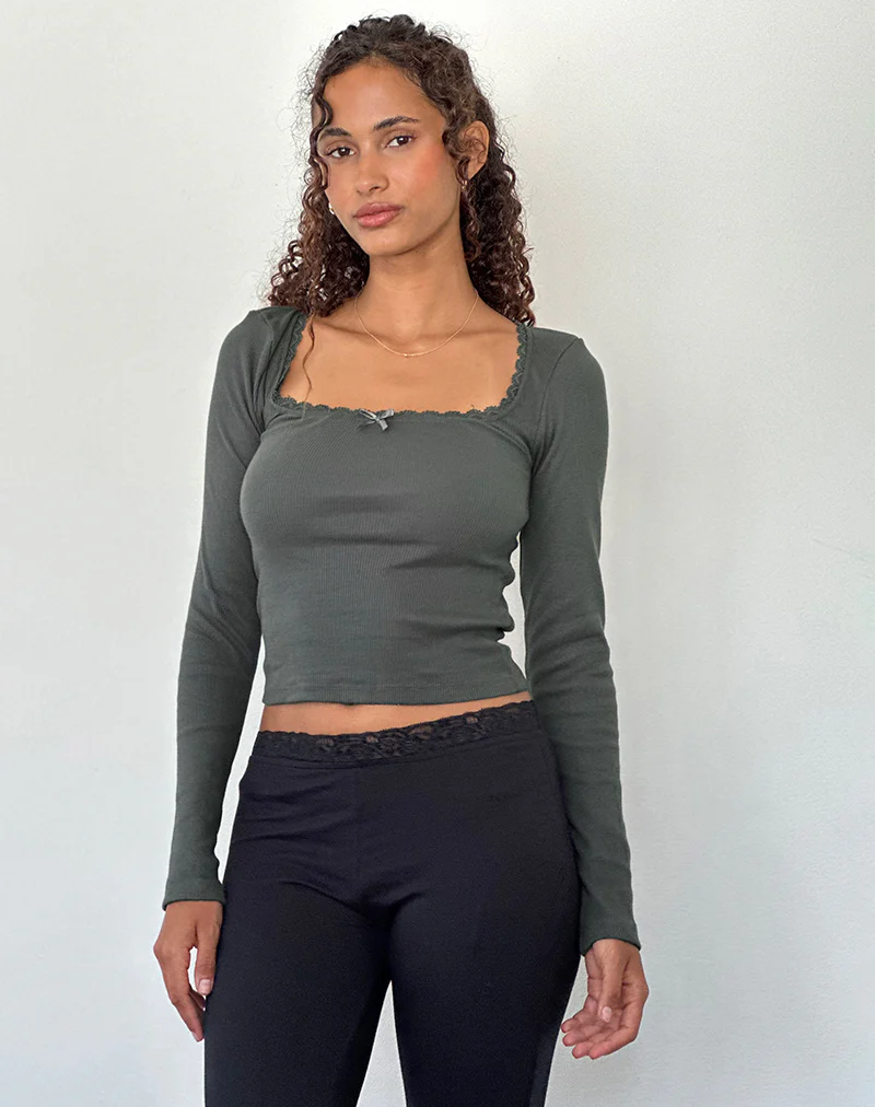 Bovita Long Sleeve Ribbed Top in Beluga Grey - Awmao