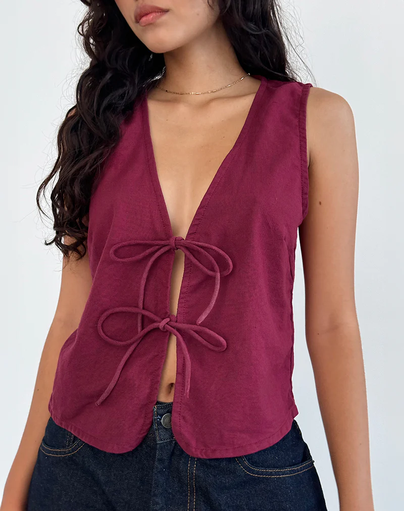 Kayve Tie Front Top in Burgundy - Awmao