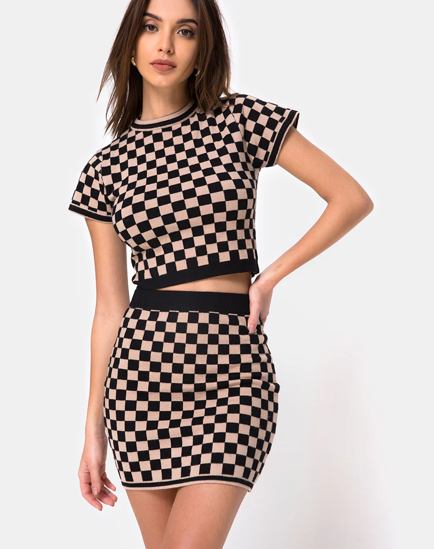 Immie Mini Skirt in Checkerboard Tan - Awmao