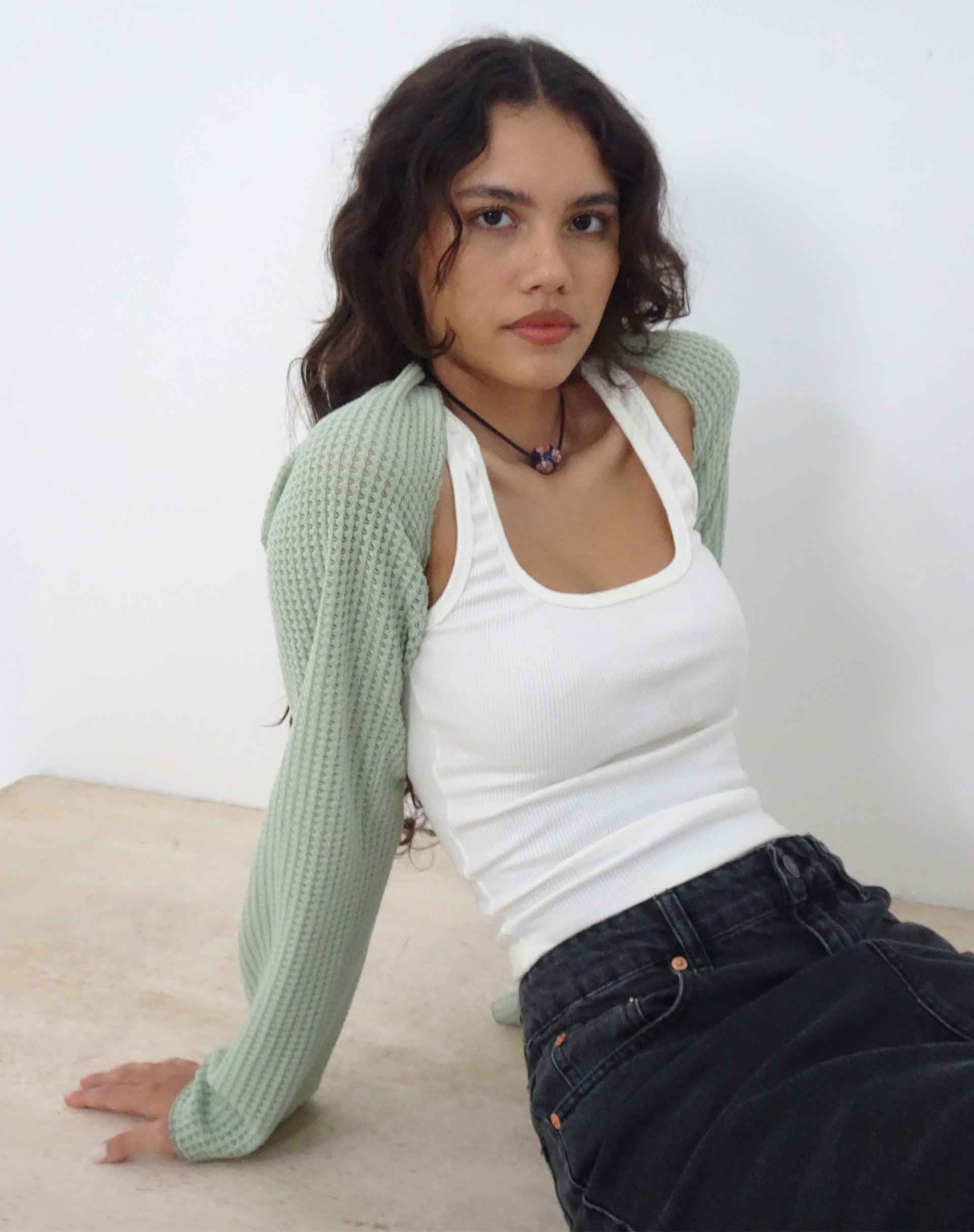Nobila Shrug Top in Sage Textured Crochet - Awmao