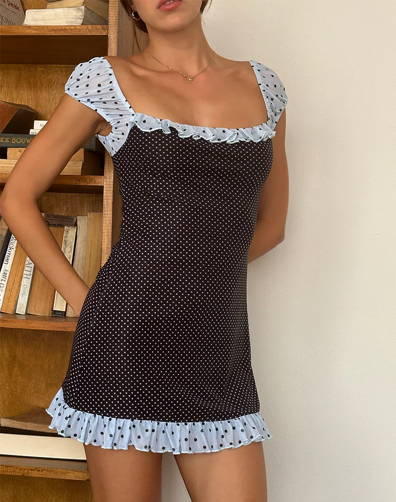 Sevda Mini Dress in Blue Black Basic Polka - Awmao