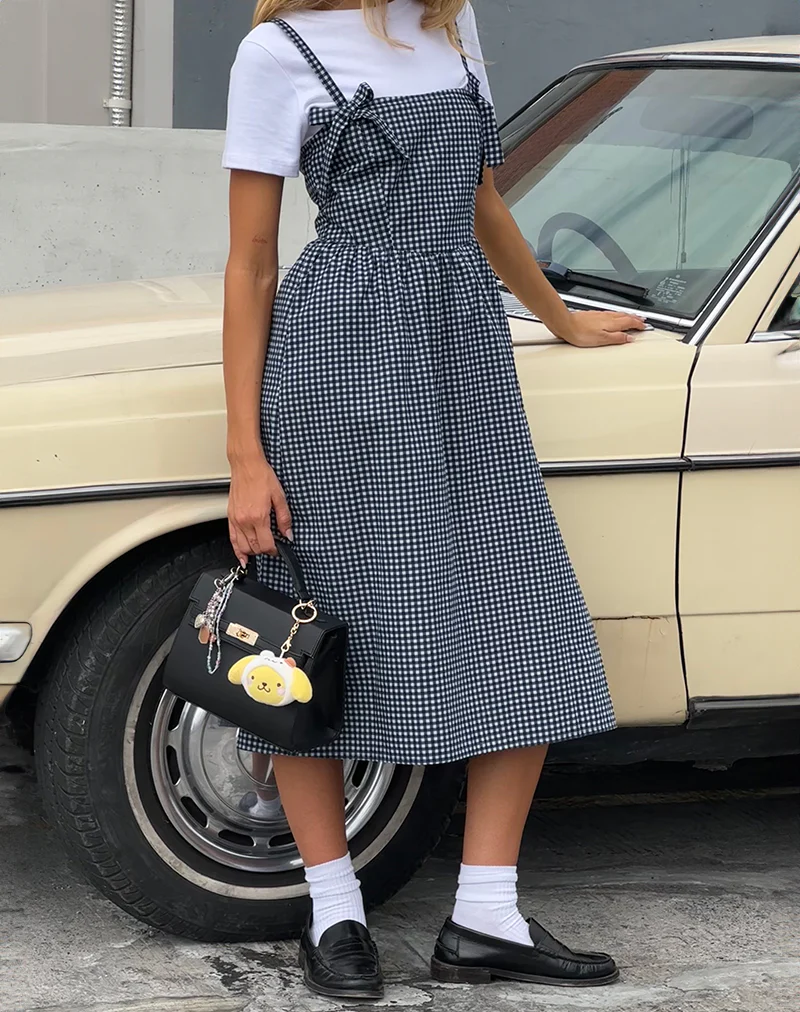 Sloane Midi Dress in Mini Dark Blue Gingham - Awmao