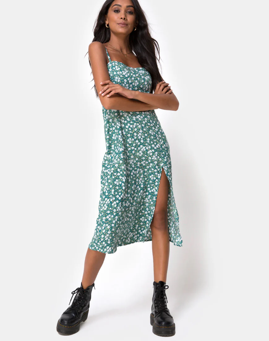 Kaoya Midi Dress in Floral Field Green - Awmao